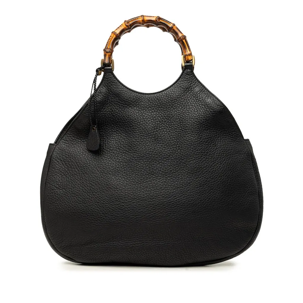 Gucci Pebbled Calfskin Bamboo Hobo Black Leather Very good - Front View