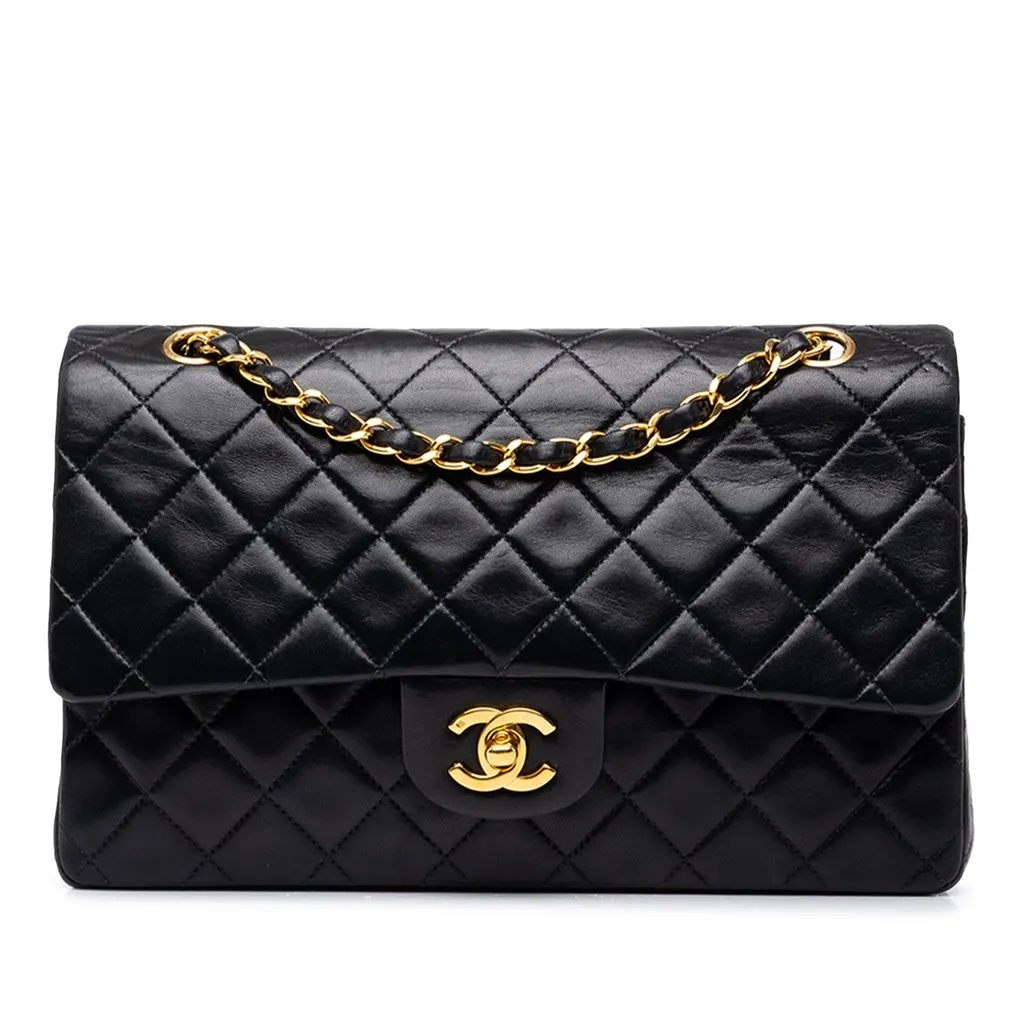 Chanel Medium Classic Lambskin Double Flap Black Leather Good - Front View
