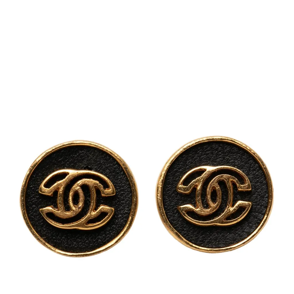 Chanel CC Gold Plated and Leather Round Bullet Back Earrings Black Metal Very good - Front View