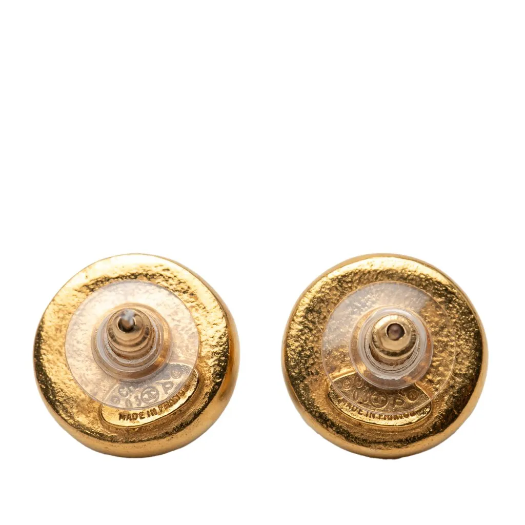 Chanel CC Gold Plated and Leather Round Bullet Back Earrings Black Metal Very good - Back View