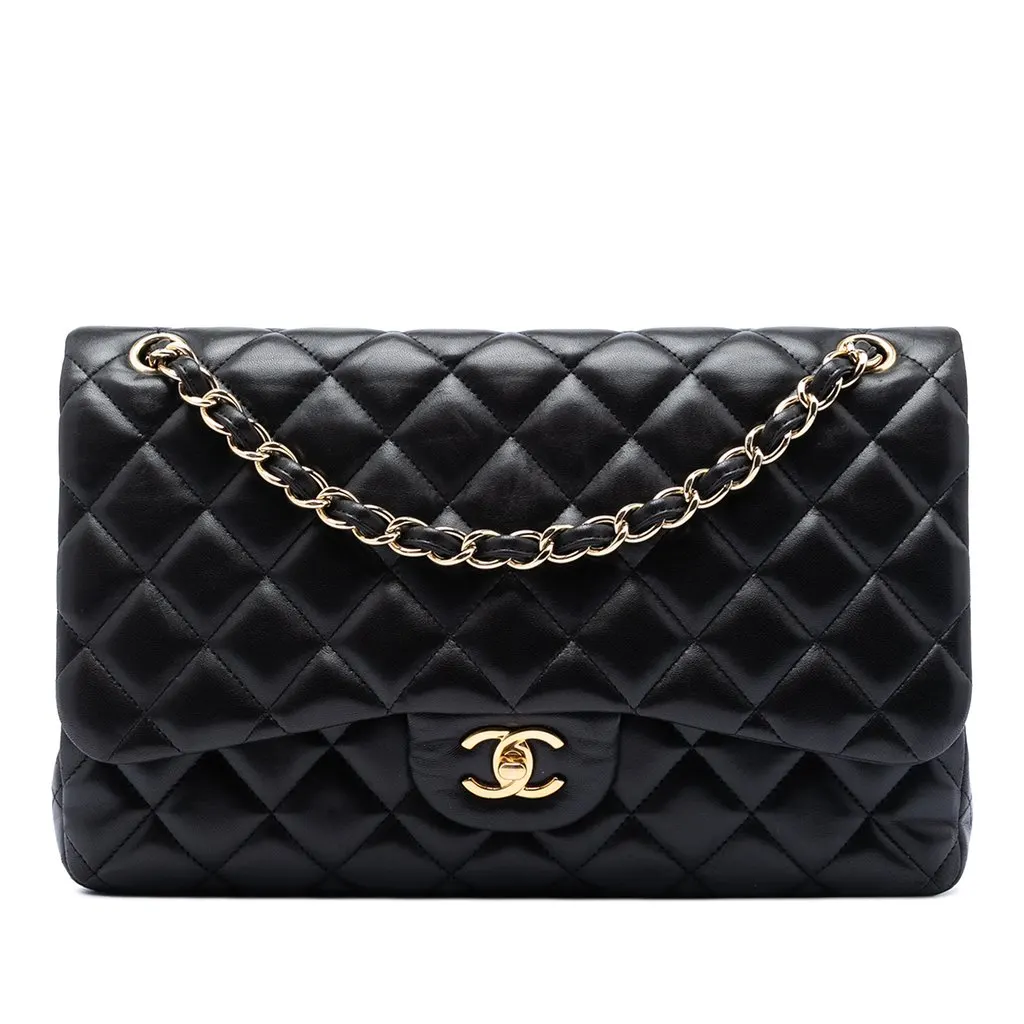 Chanel Jumbo Classic Lambskin Double Flap Black Leather Very good - Front View
