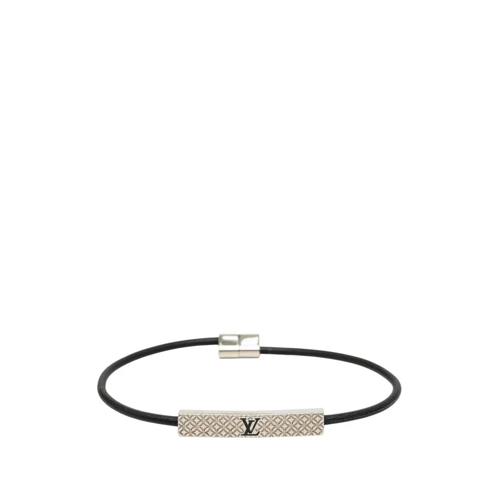 Louis Vuitton Palladium Plated Champs Elysees Bracelet Black Leather Very good - Front View