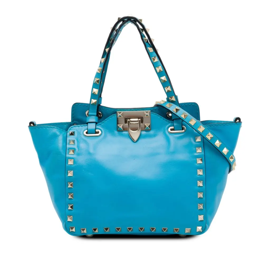 Valentino Mini Leather Rockstud Trapeze Satchel Blue Leather Very good - Front View