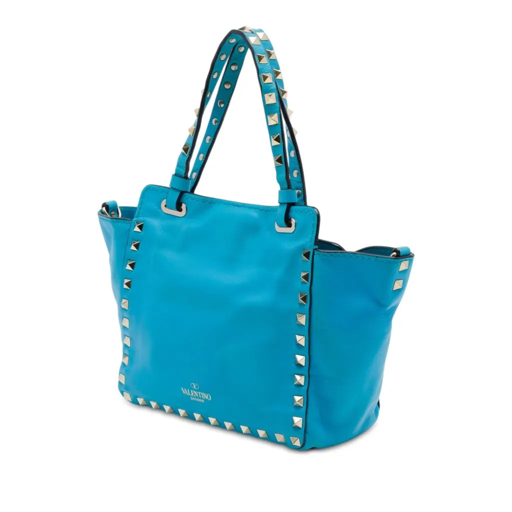 Valentino Mini Leather Rockstud Trapeze Satchel Blue Leather Very good - Back View