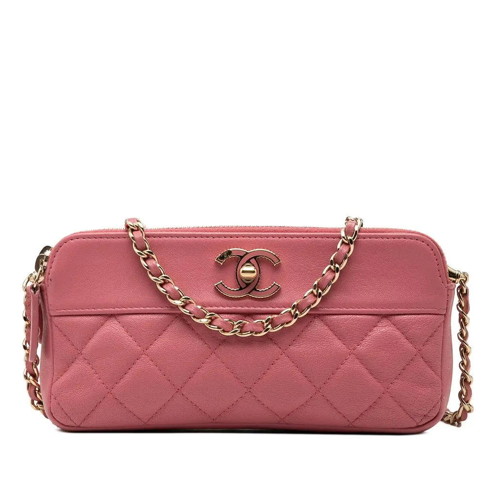 Chanel Quilted Lambskin Mademoiselle Vintage Double Zip Clutch with Chain Pink Leather Very good - Front View