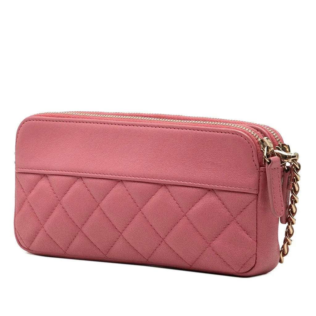 Chanel Quilted Lambskin Mademoiselle Vintage Double Zip Clutch with Chain Pink Leather Very good - Back View