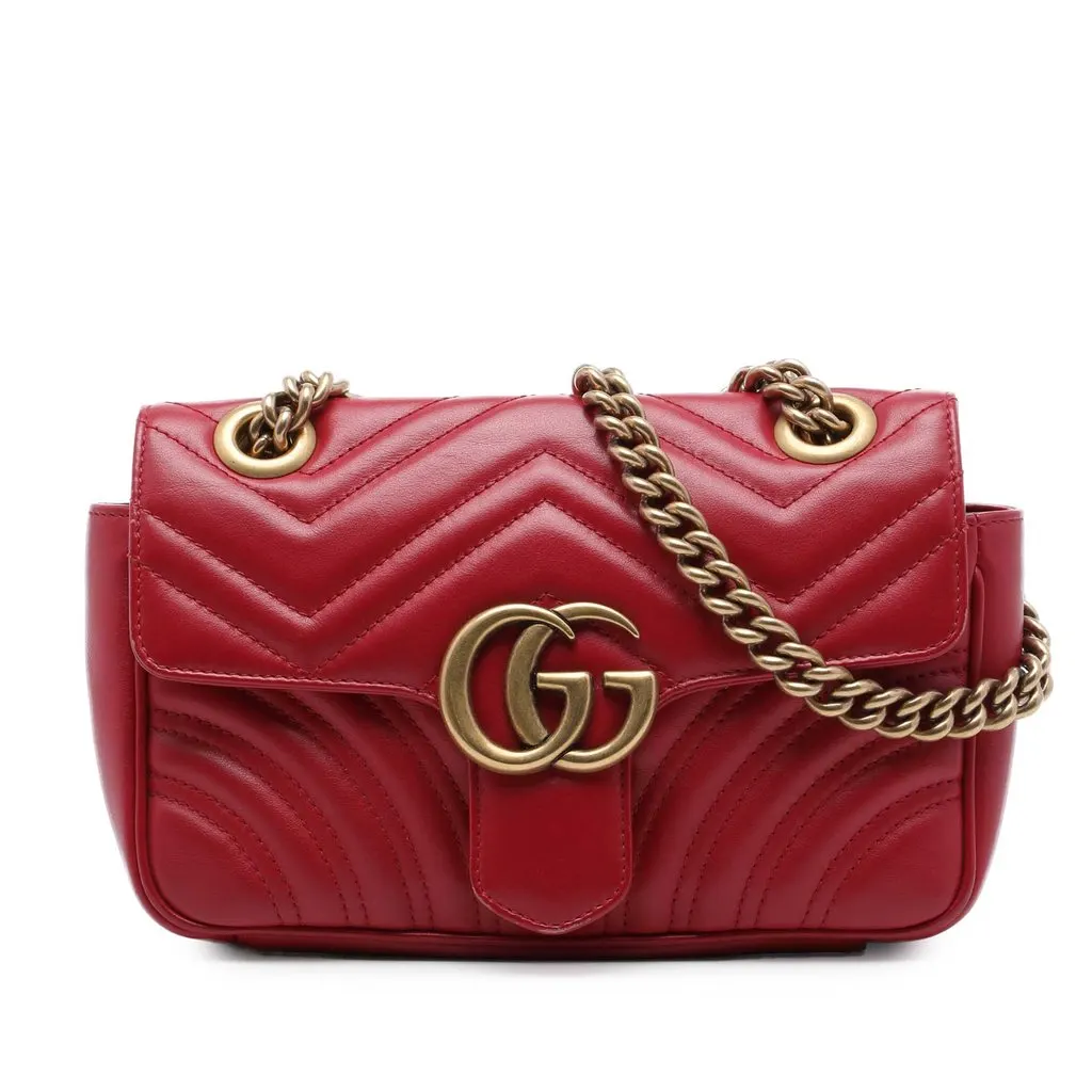 Gucci Small GG Marmont Matelasse Calfskin Shoulder Bag Red Leather Very good - Front View