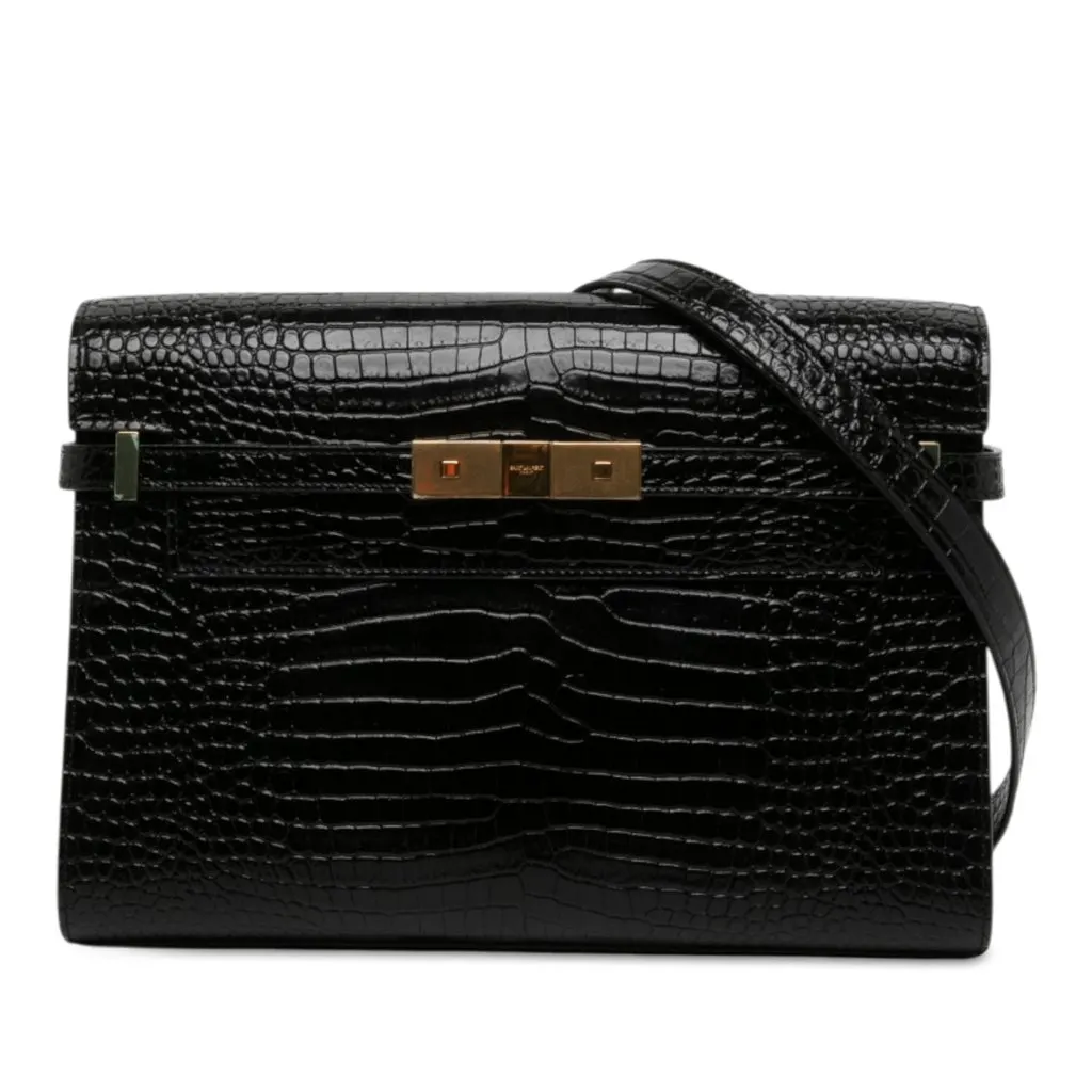 Saint Laurent Medium Shiny Croc Embossed Manhattan Shoulder Bag Black Leather Never worn - Front View