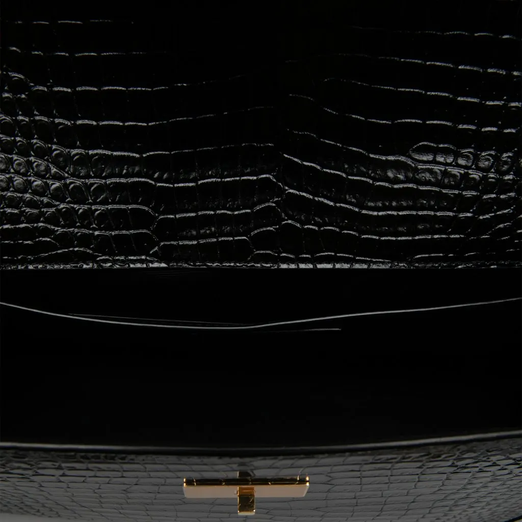 Saint Laurent Medium Shiny Croc Embossed Manhattan Shoulder Bag Black Leather Never worn - Model View