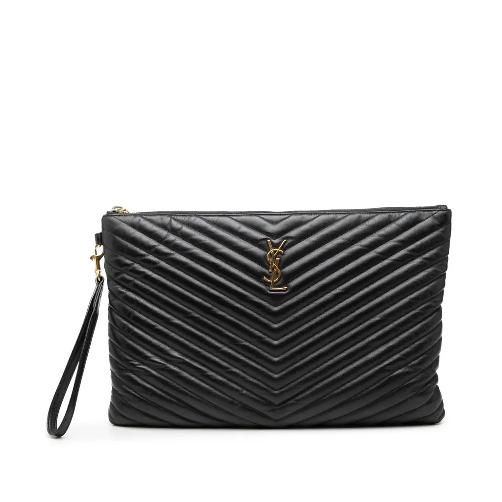 Saint Laurent Chevron Leather Monogram Document Holder Black Leather Very good - Front View