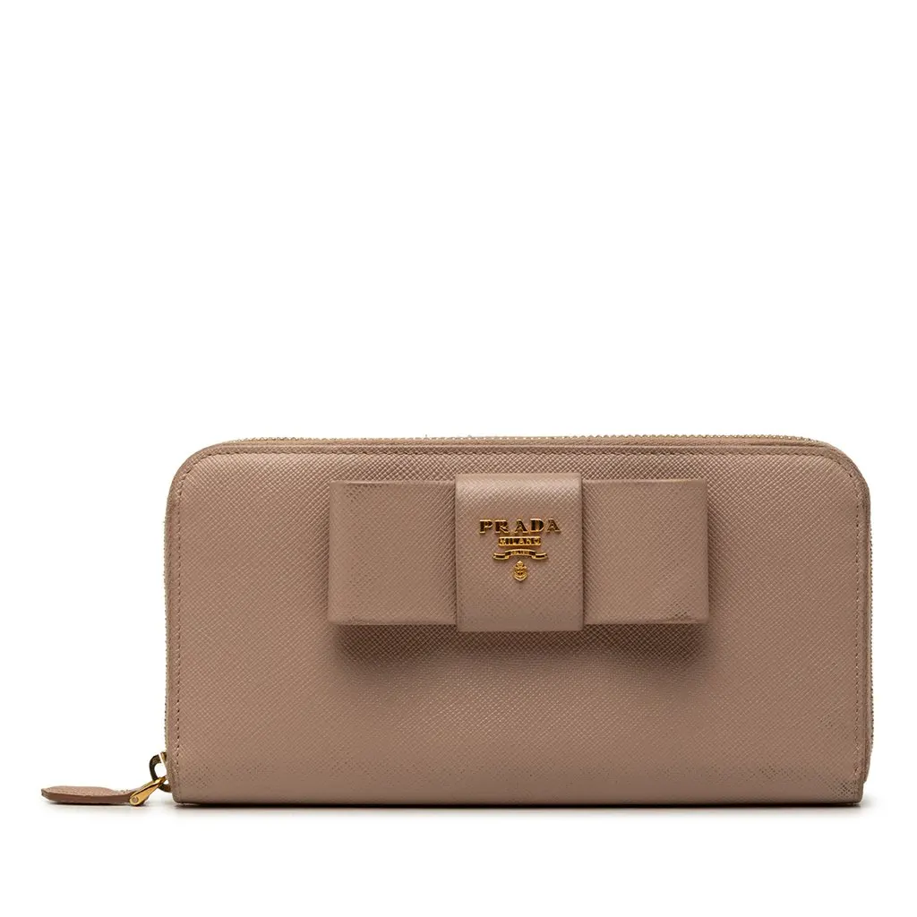 Prada Saffiano Fiocco Bow Long Wallet Brown Leather Very good - Front View