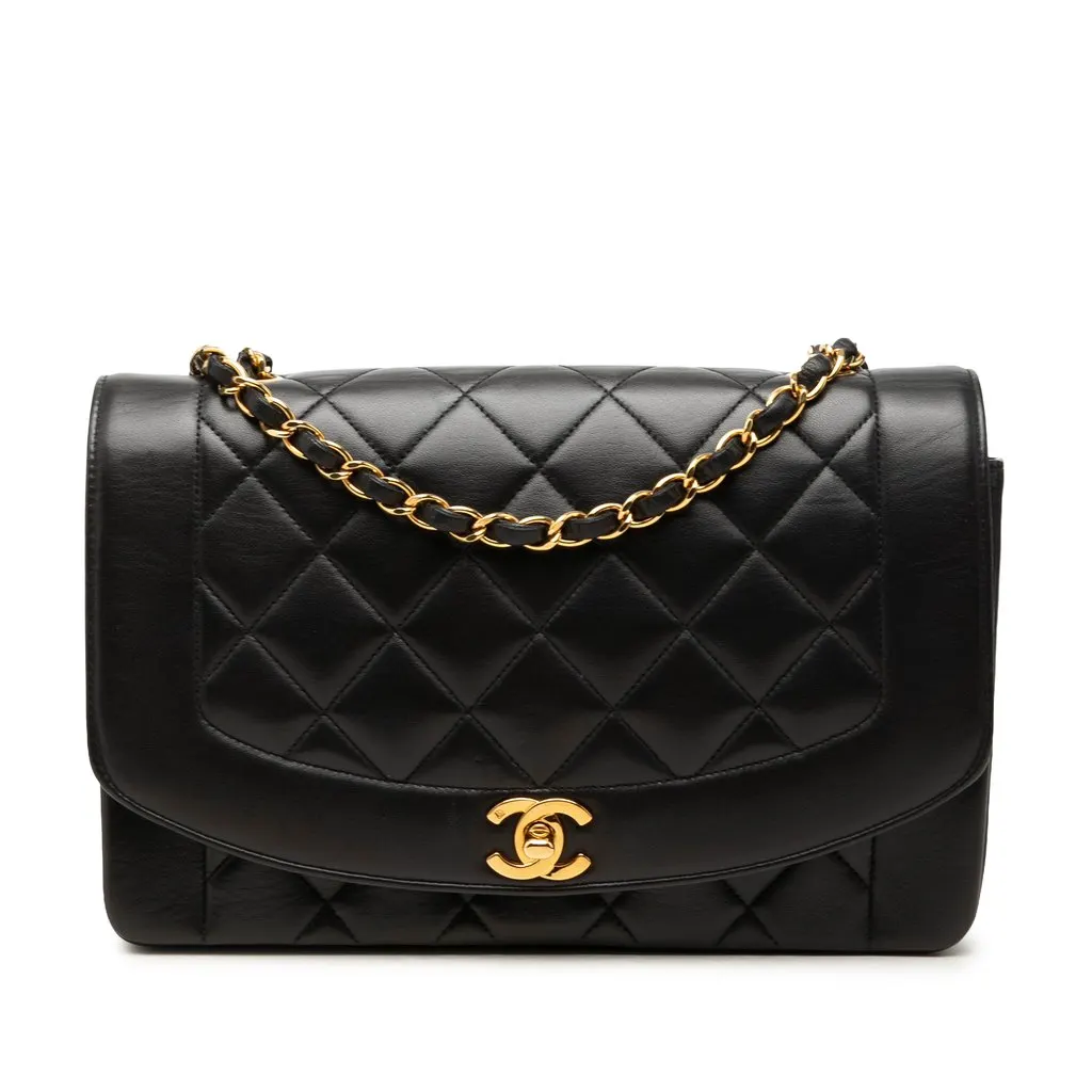 Chanel Small Quilted Lambskin Diana Single Flap Black Leather Good - Front View