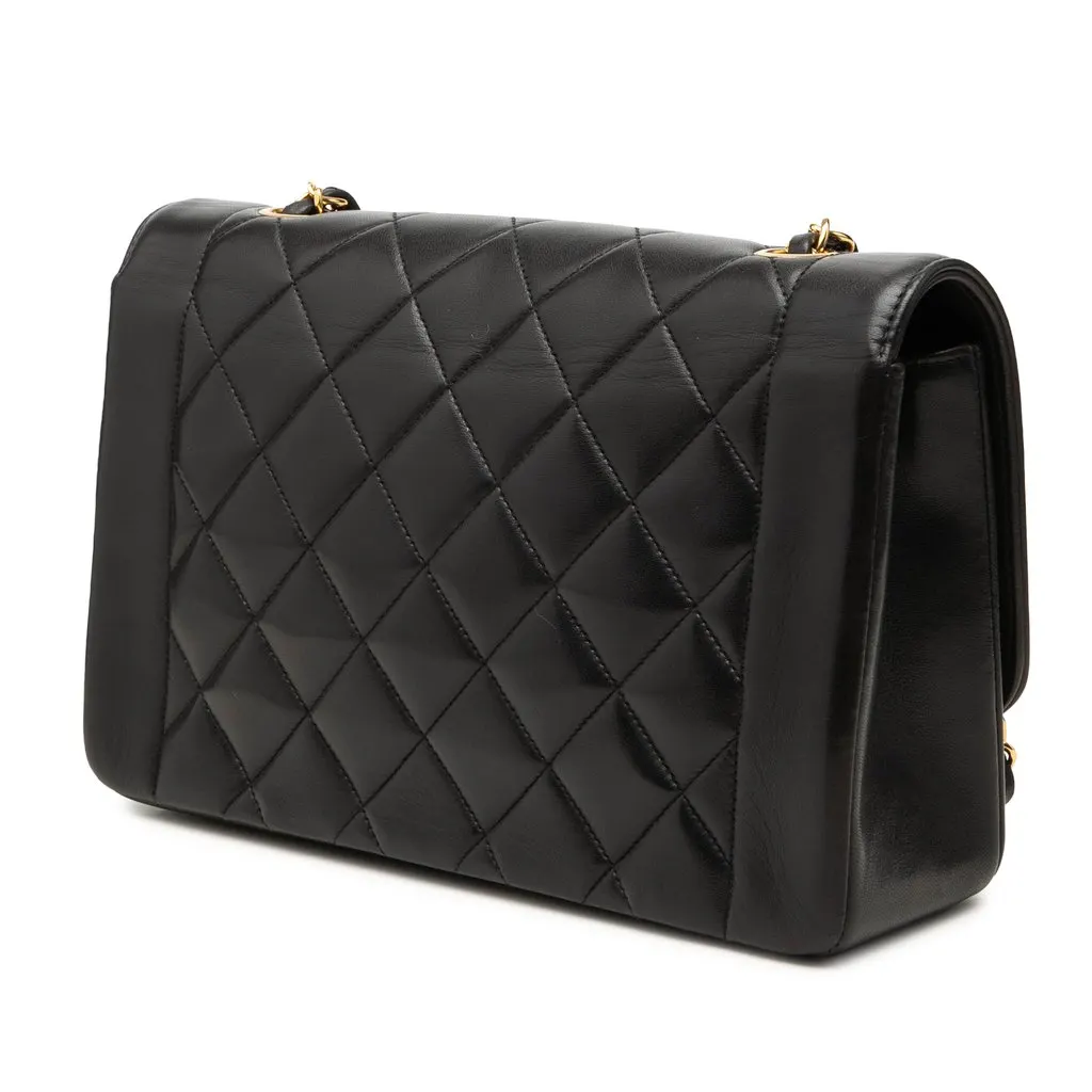 Chanel Small Quilted Lambskin Diana Single Flap Black Leather Good - Back View