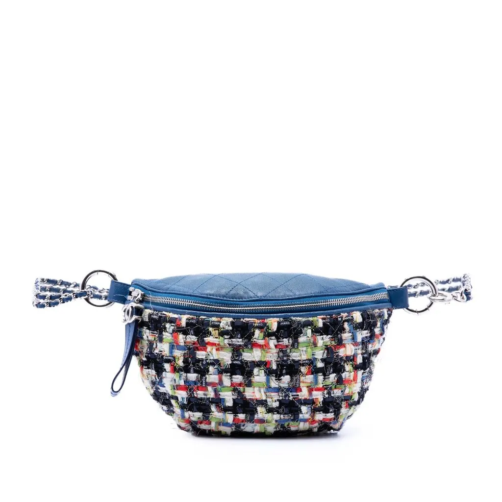Chanel Tweed and Stitched Calfskin Convertible Waist Bag Blue Very good - Front View
