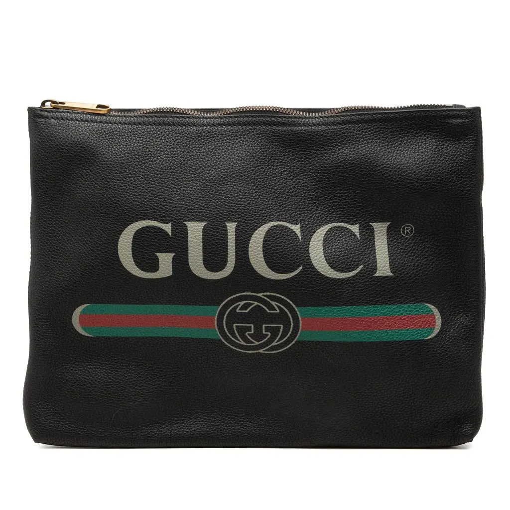 Gucci Medium Calfskin Logo Portfolio Clutch Black Leather Very good - Front View