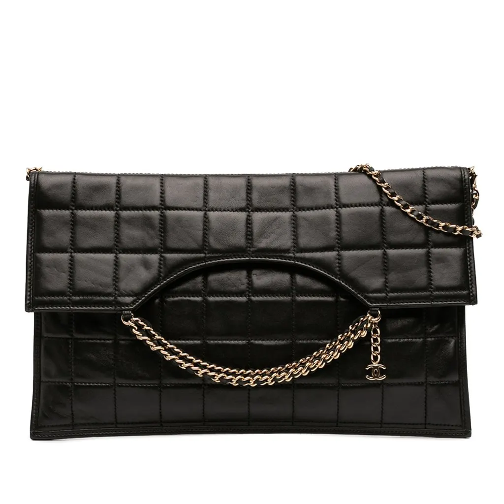Chanel CC Chocolate Bar Lambskin Fold Down Envelope Shoulder Bag Black Leather Very good - Front View