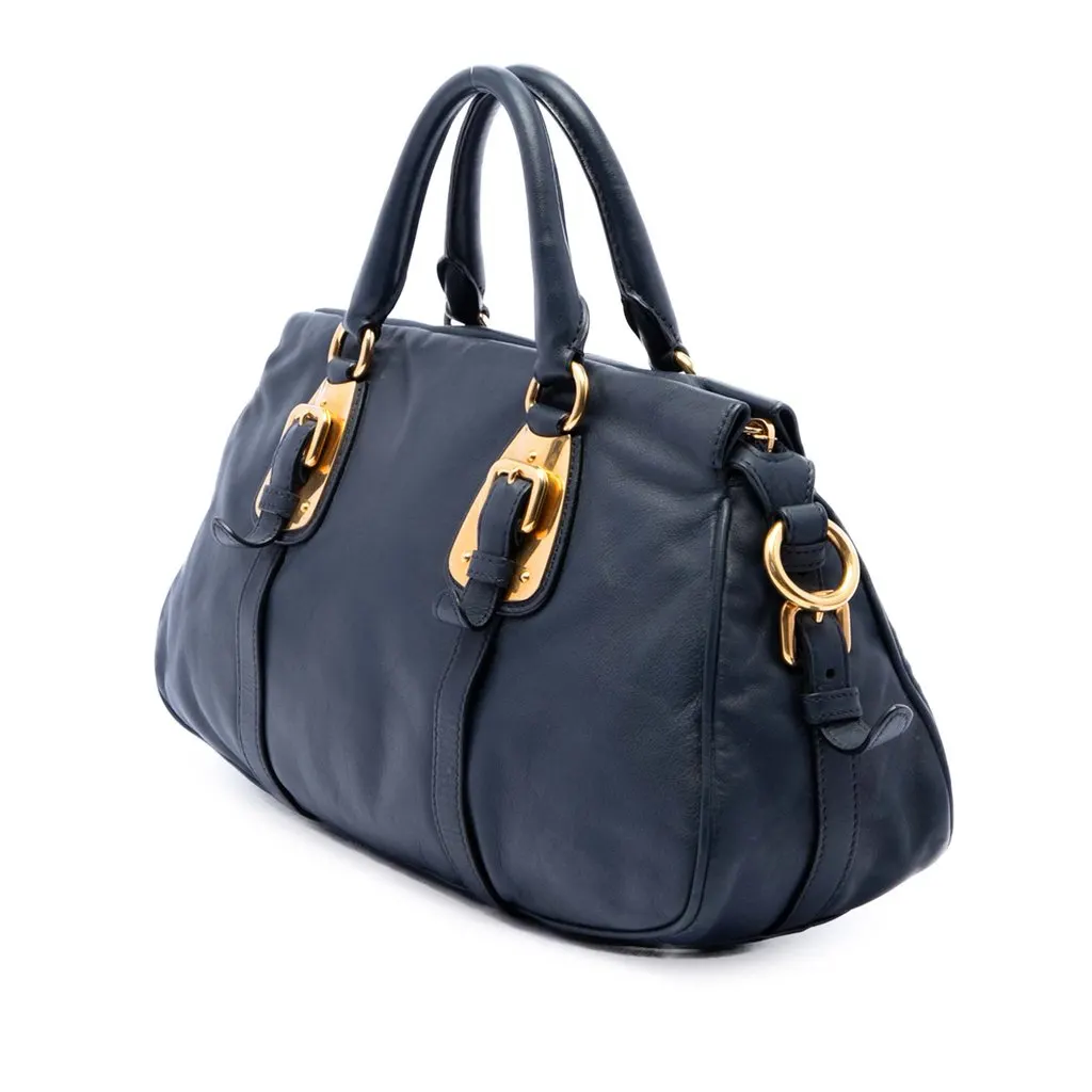 Prada Soft Calfskin Shopping Satchel Blue Leather Very good - Back View