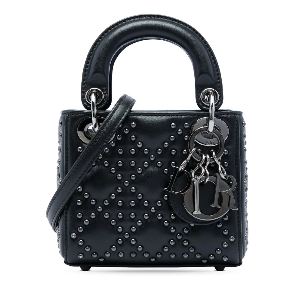 Dior Micro Lambskin Cannage Studded Supple Lady Dior Black Leather Very good - Front View