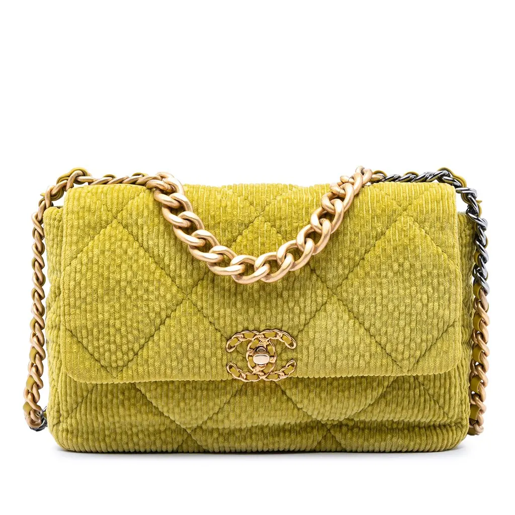 Chanel Large Corduroy 19 Flap Green Very good - Front View