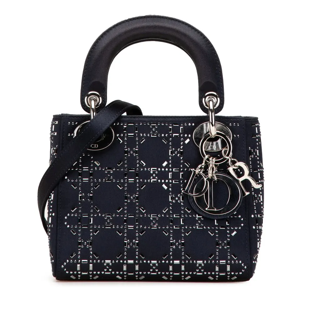 Dior Mini Satin Cannage Strass Crystal Embellished Lady Dior Blue Very good - Front View