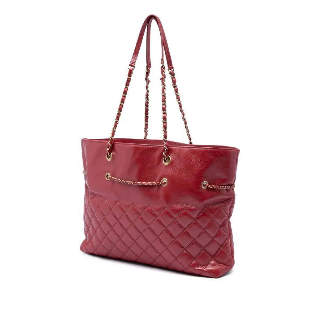 Chanel CC Quilted Calfskin Front Zip Drawstring Chain Tote Red Leather Very good - Back View