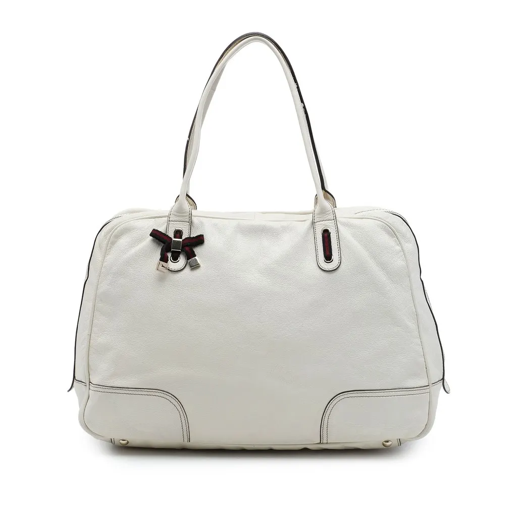 Gucci Large Calfskin Web Princy Weekender White Leather Good - Front View