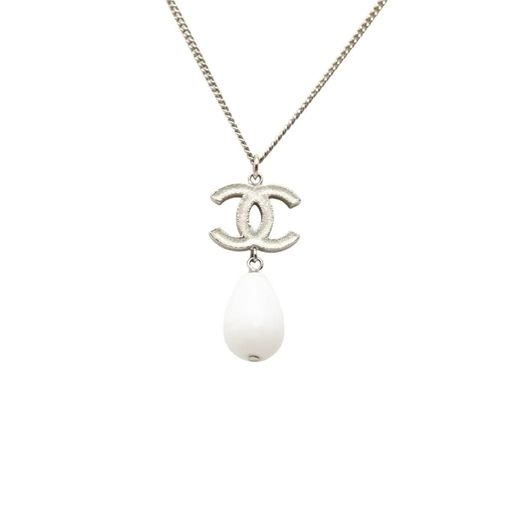 Chanel CC Brass Faux Pearl Pendant Necklace Silver Metal Very good - Back View