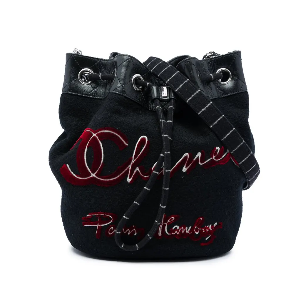 Chanel Paris Hamburg Wool Bucket Bag Black Wool Good - Front View