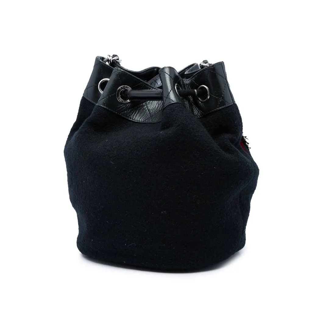 Chanel Paris Hamburg Wool Bucket Bag Black Wool Good - Back View