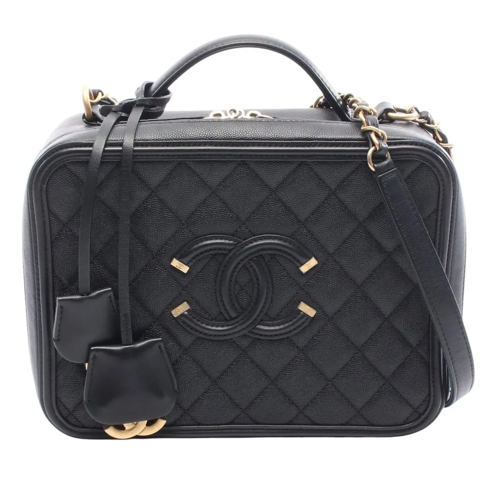 Chanel Large Caviar CC Filigree Vanity Case Black Leather Very good - Front View
