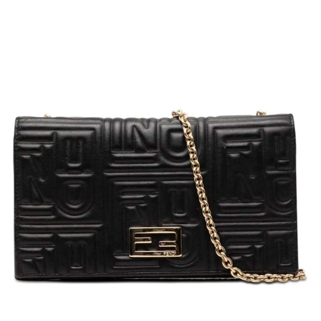 Fendi Embossed Nappa Logo Chain Clutch Black Leather Very good - Front View