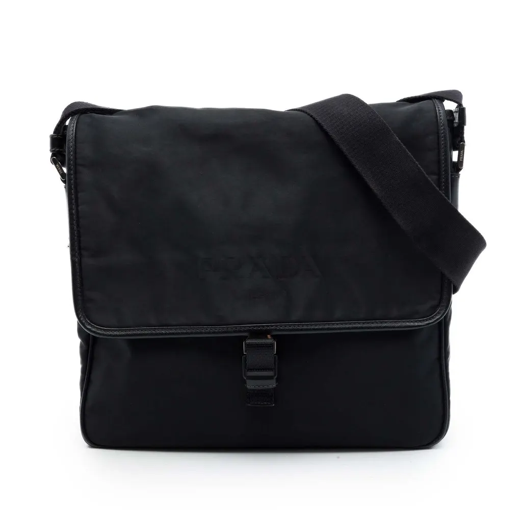 Prada Saffiano Trimmed Tessuto Buckle Messenger Bag Black Polyamide Good - Front View