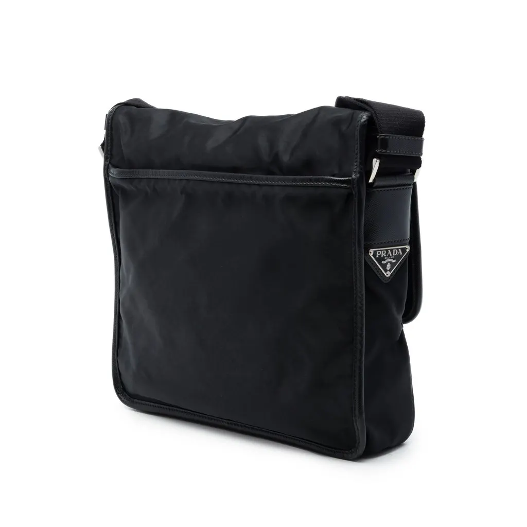 Prada Saffiano Trimmed Tessuto Buckle Messenger Bag Black Polyamide Good - Back View