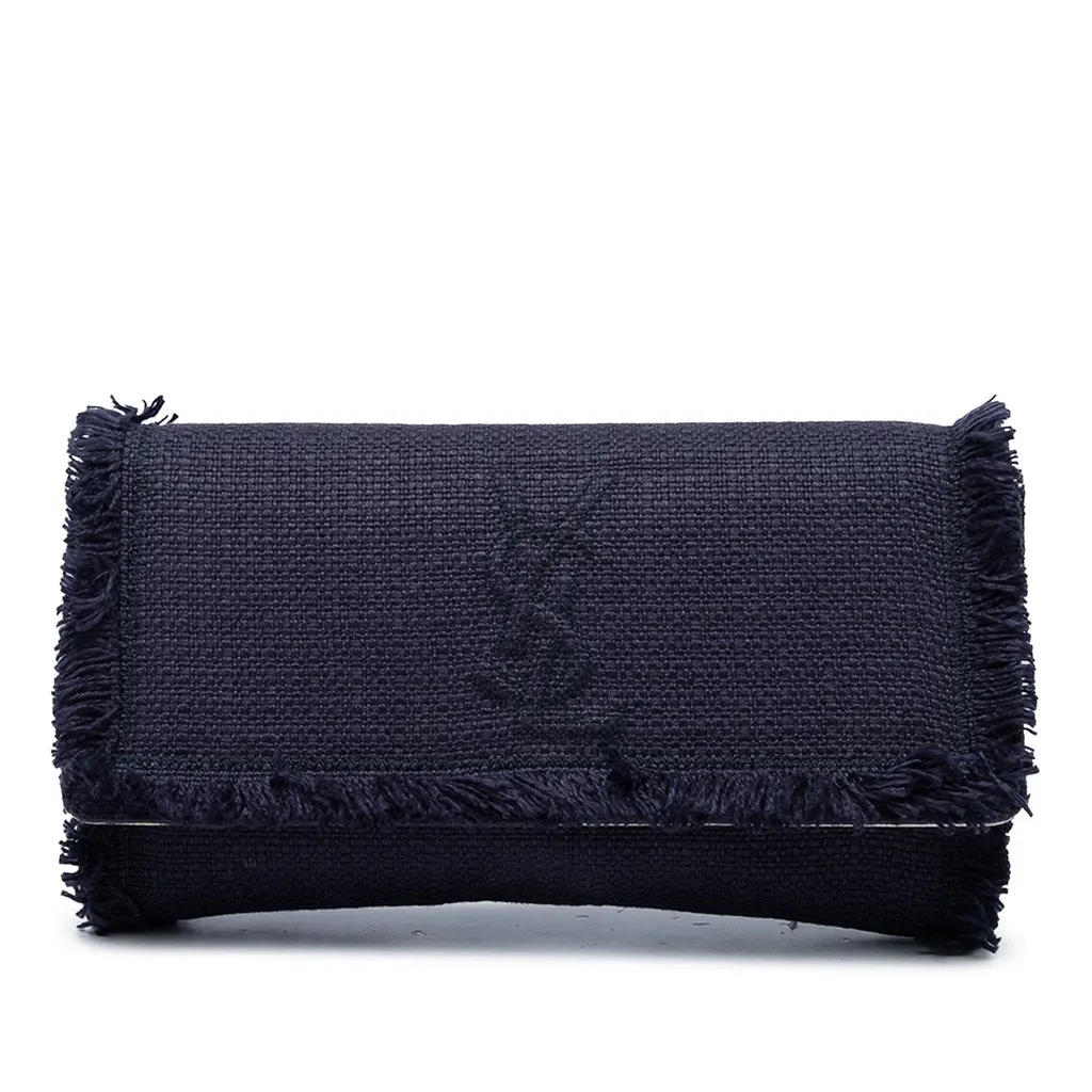 Saint Laurent Large Fringe Linen Monogram Belle De Jour Clutch Blue Canvas Very good - Front View