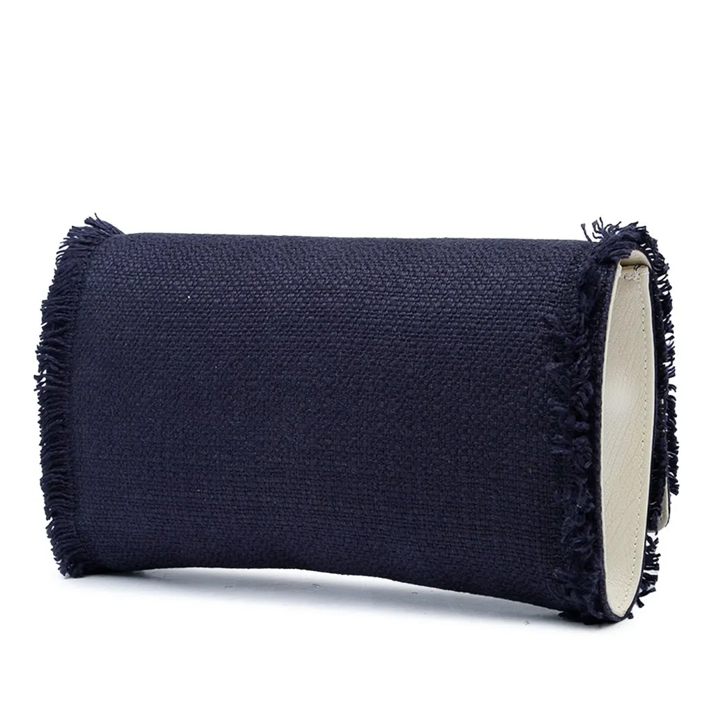 Saint Laurent Large Fringe Linen Monogram Belle De Jour Clutch Blue Canvas Very good - Back View