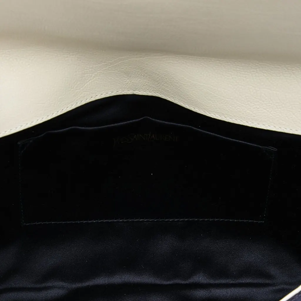 Saint Laurent Large Fringe Linen Monogram Belle De Jour Clutch Blue Canvas Very good - Model View