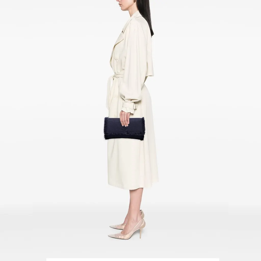 Saint Laurent Large Fringe Linen Monogram Belle De Jour Clutch Blue Canvas Very good - Box View