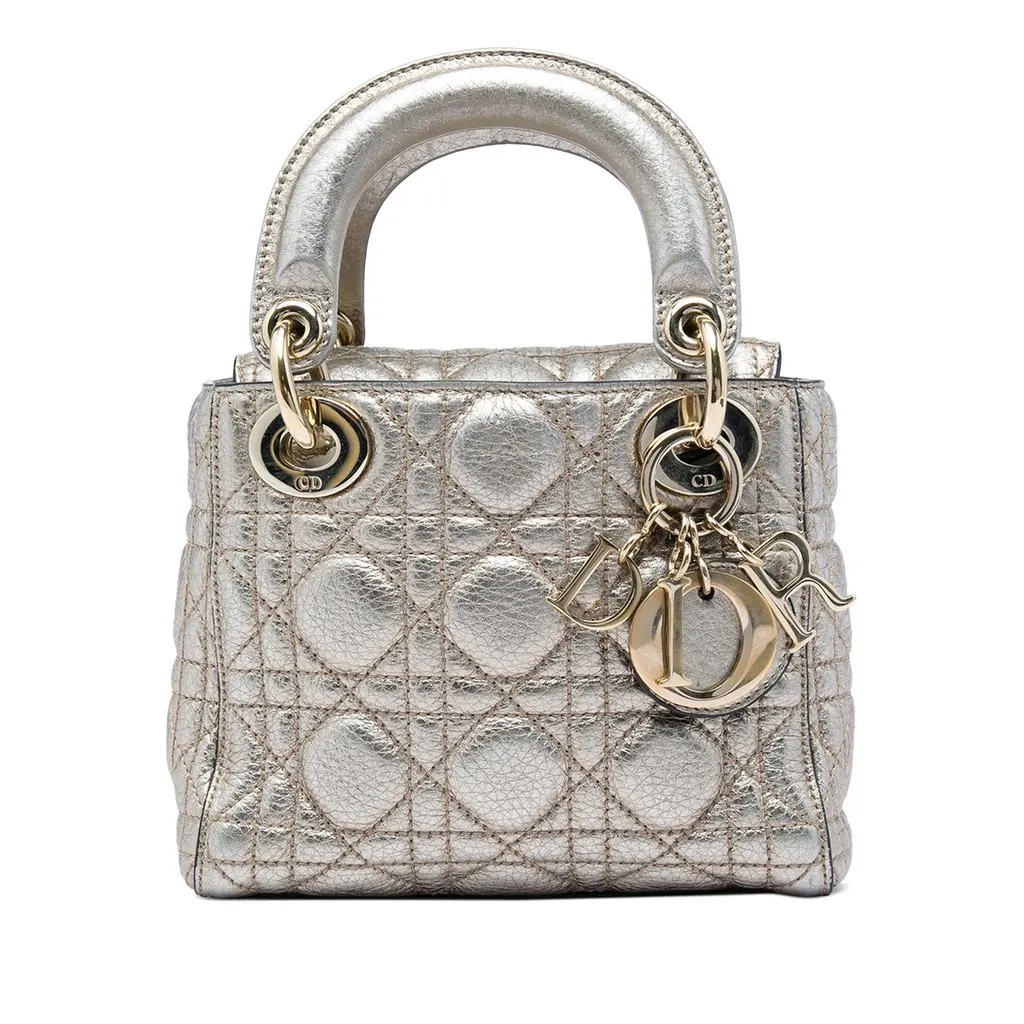 Dior Mini Metallic Crinkled Lambskin Cannage Lady Dior Silver Leather Very good - Front View
