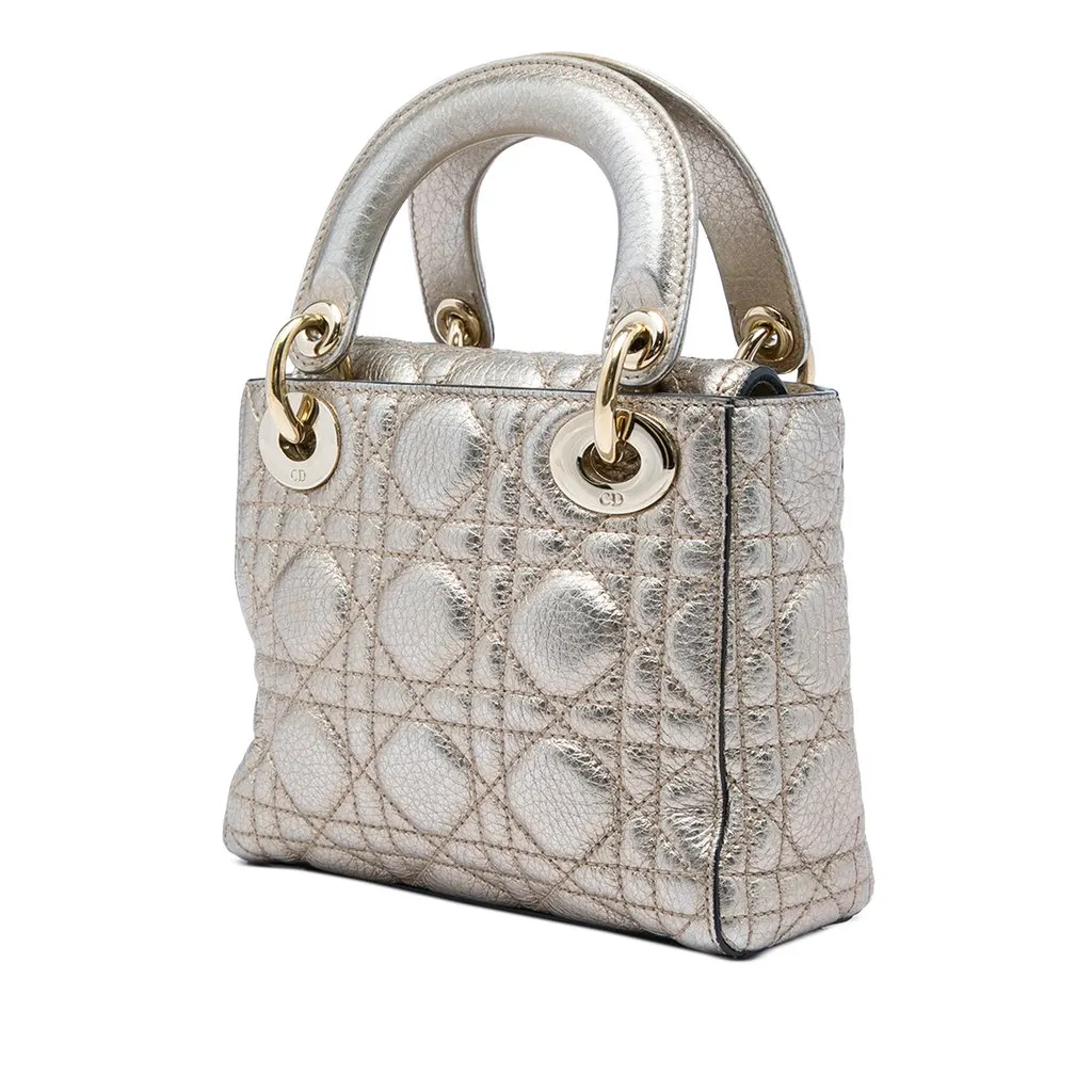 Dior Mini Metallic Crinkled Lambskin Cannage Lady Dior Silver Leather Very good - Back View