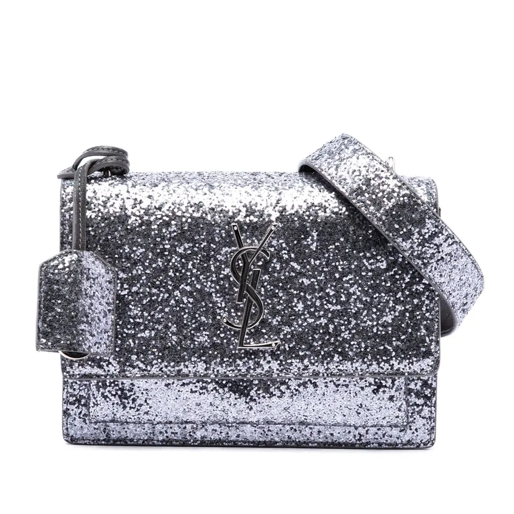 Saint Laurent Small Glitter Leather Monogram Sunset Crossbody Silver Leather Very good - Front View