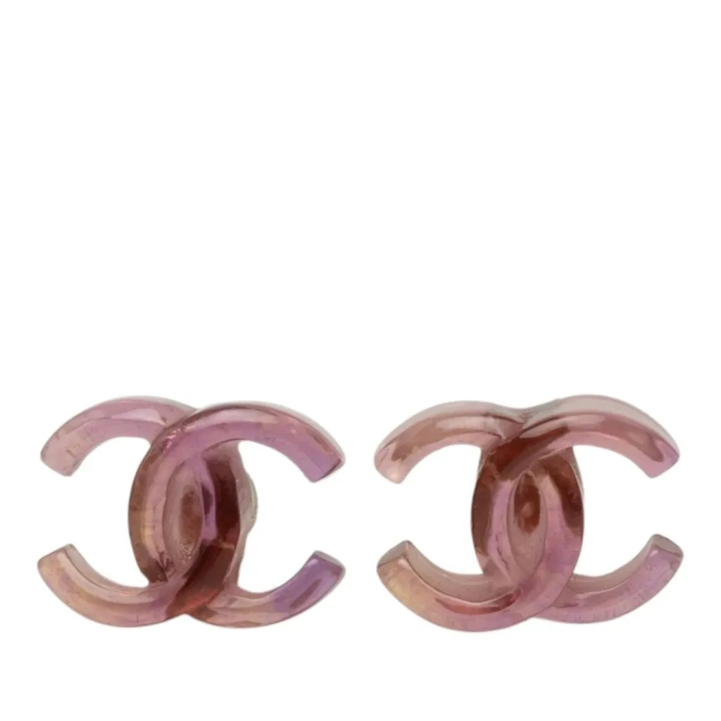 Chanel CC Resin Bullet Back Earrings Purple Plastic Very good - Front View
