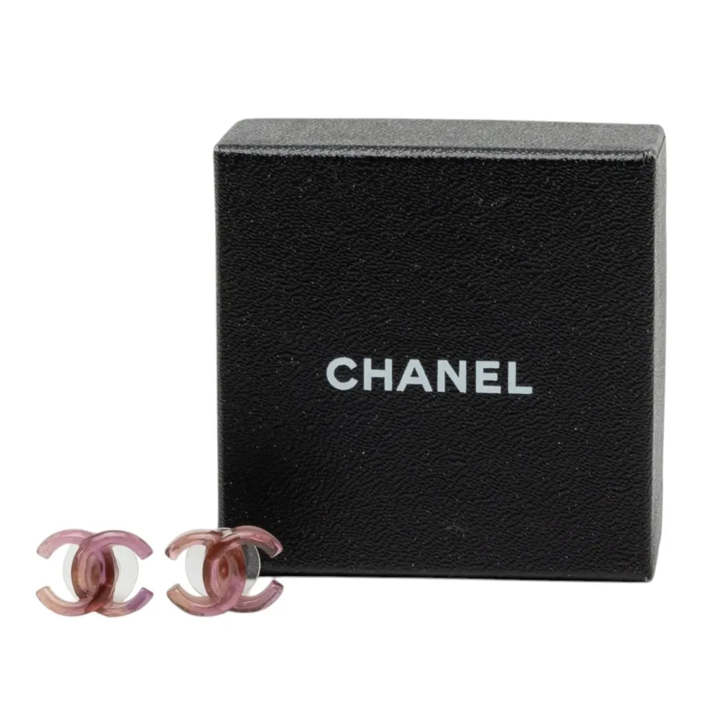 Chanel CC Resin Bullet Back Earrings Purple Plastic Very good - Model View
