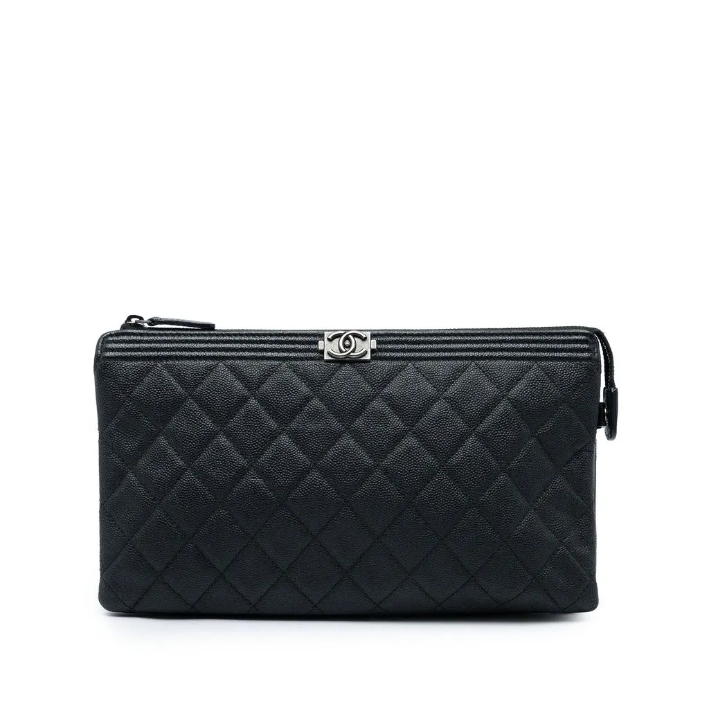 Chanel Quilted Caviar Boy O Case Zip Clutch Black Leather Very good - Front View