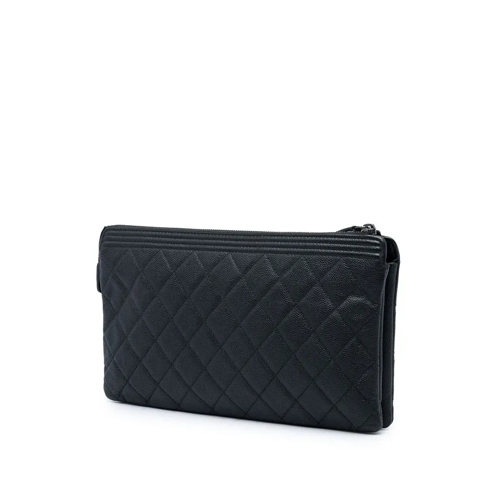 Chanel Quilted Caviar Boy O Case Zip Clutch Black Leather Very good - Back View