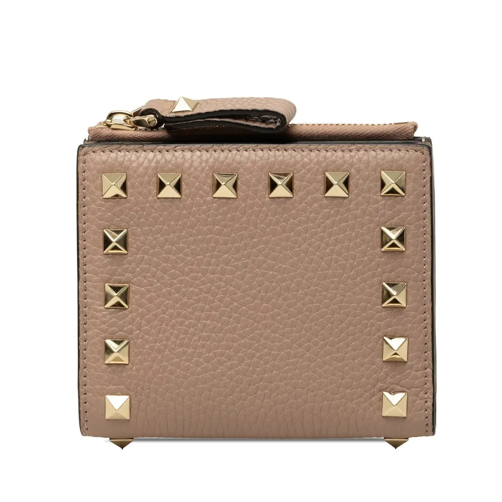 Valentino Grained Calfskin Rockstud Compact Wallet Brown Leather Good - Front View