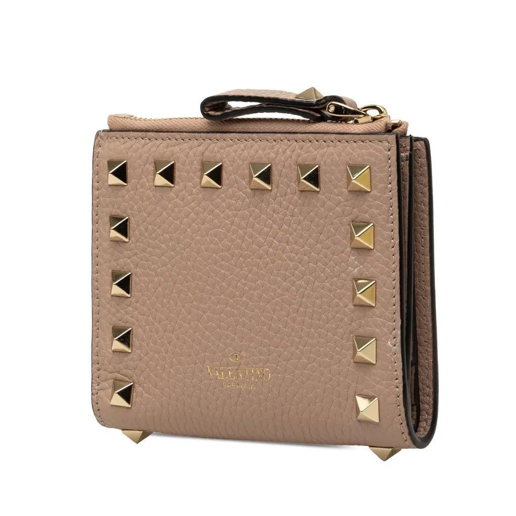 Valentino Grained Calfskin Rockstud Compact Wallet Brown Leather Good - Back View