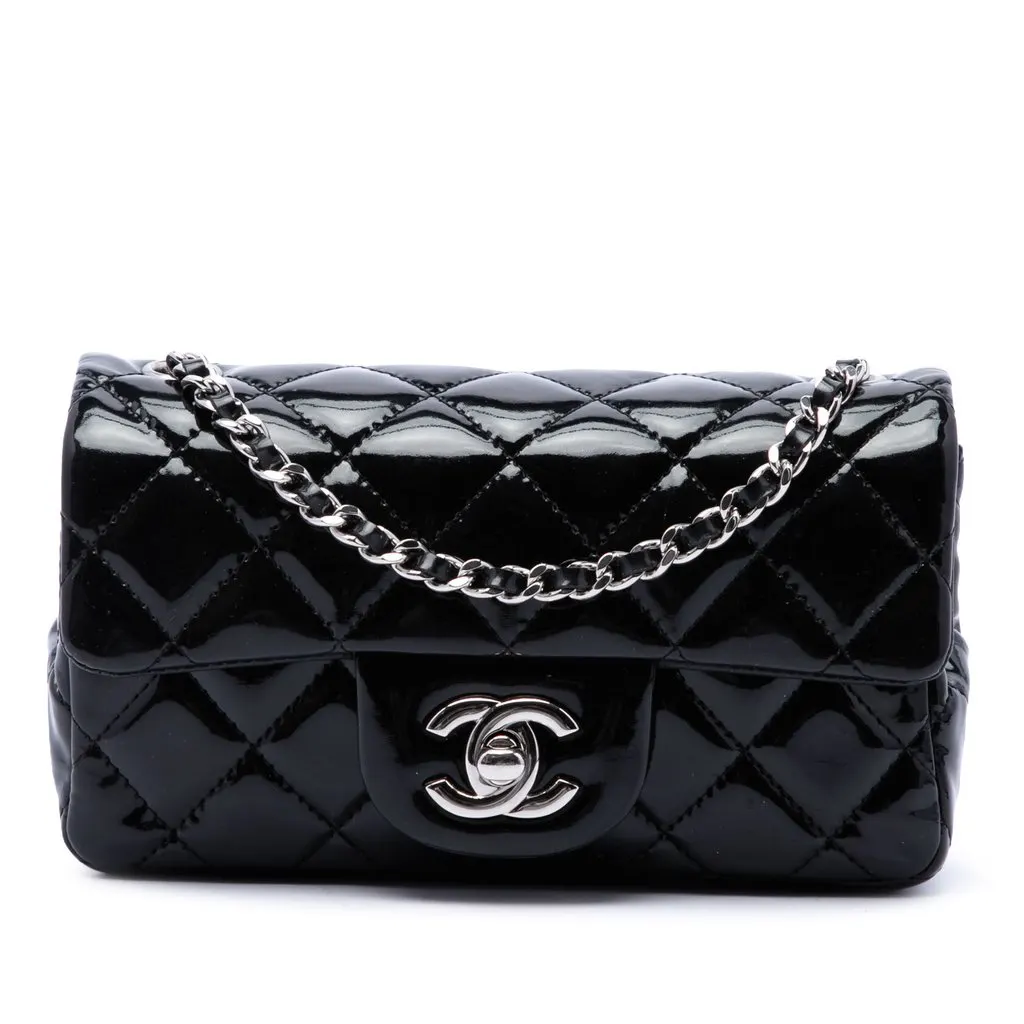 Chanel Extra Mini Rectangular Classic Patent Single Flap Black Leather Good - Front View