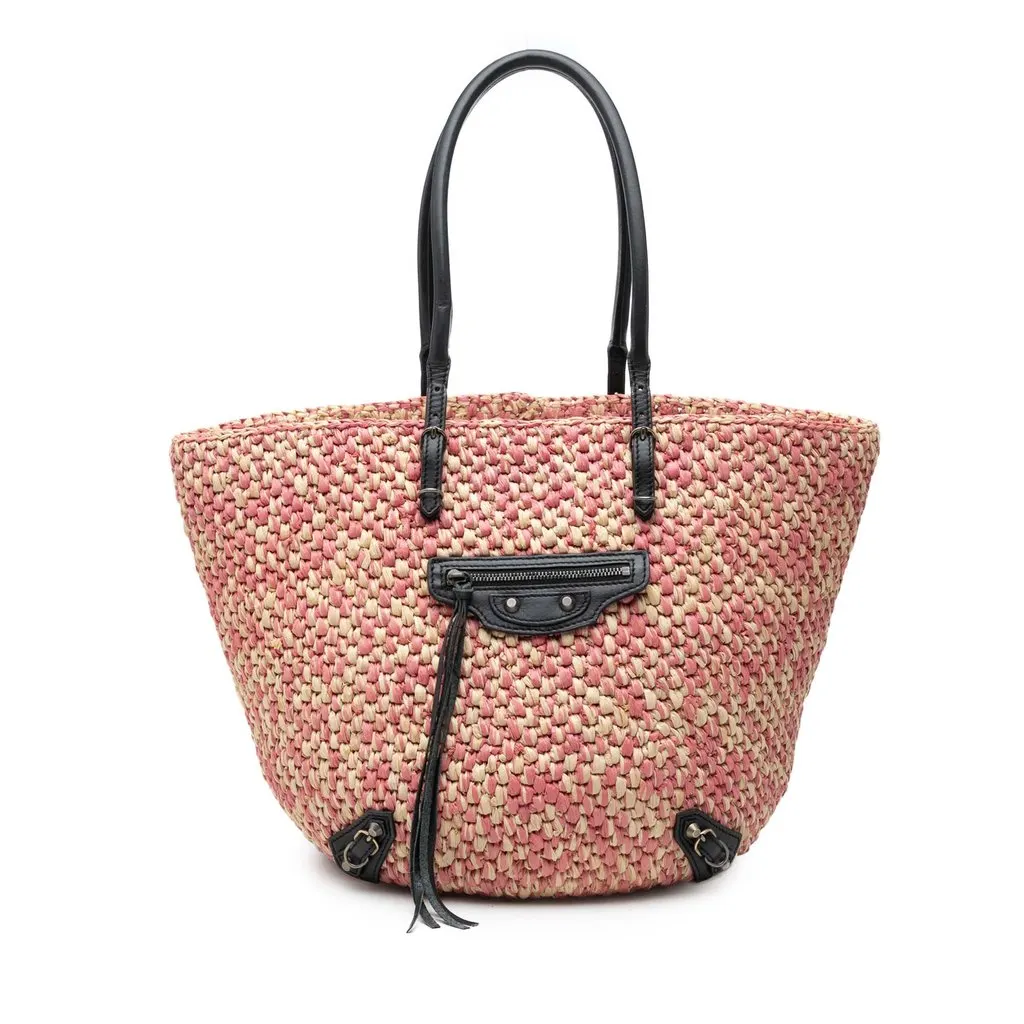 Balenciaga Raffia Motocross Classic Panier Basket Tote Pink Very good - Front View