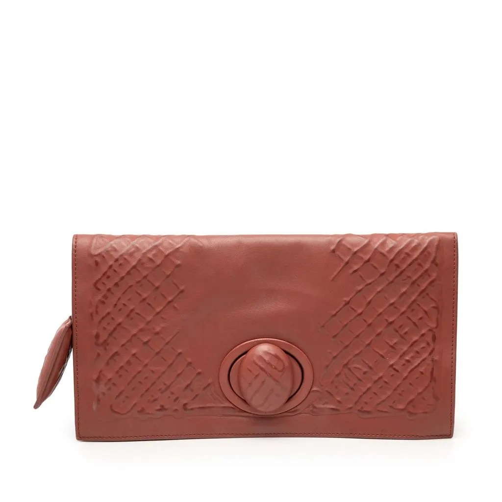 Bottega Veneta Nappa Embossed Intrecciato Turn Lock Clutch Brown Leather Very good - Front View