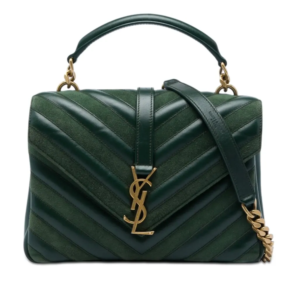 Saint Laurent Medium Chevron Calfskin and Suede Monogram College Satchel Green Leather Very good - Front View